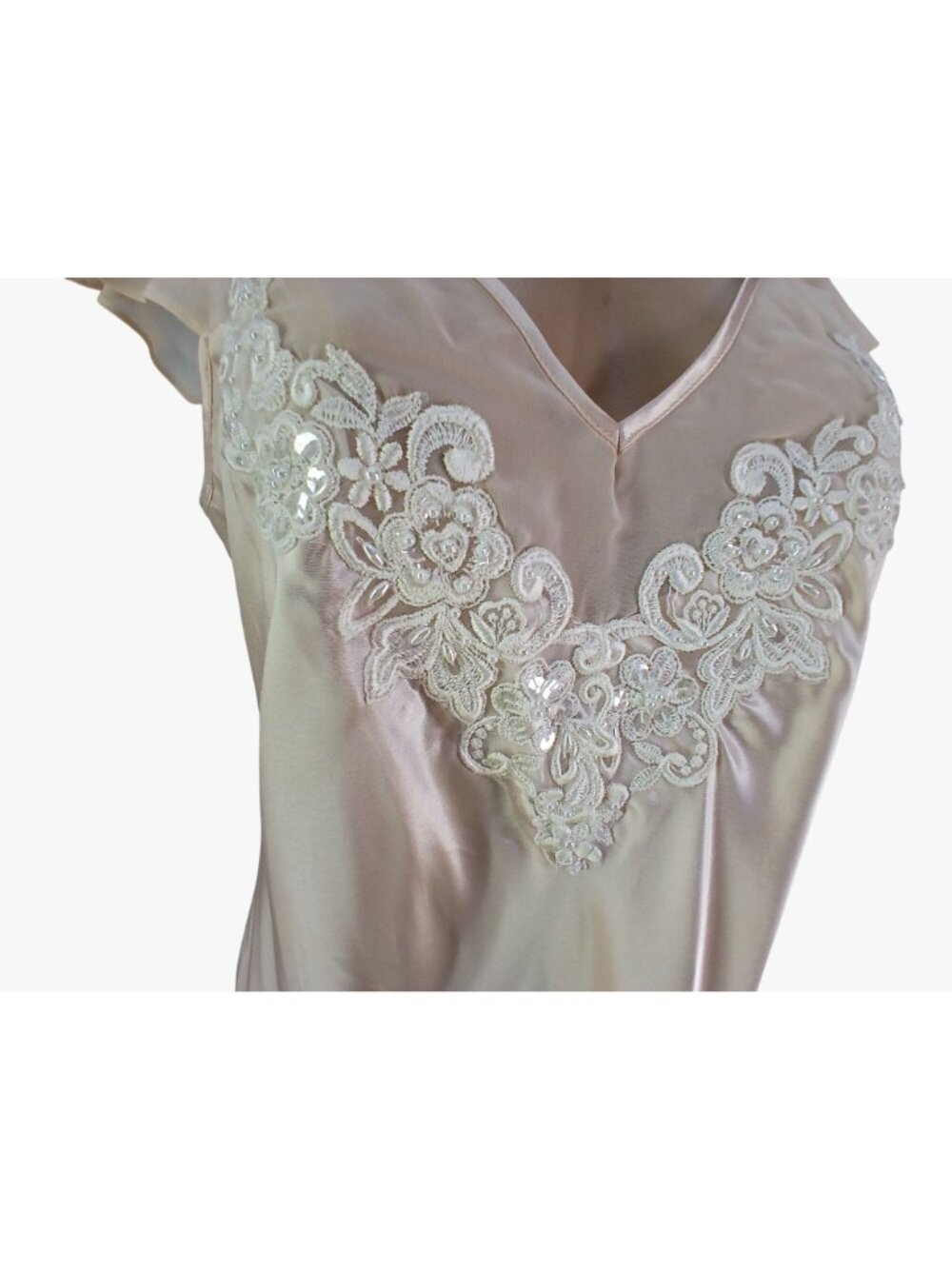 California Dynasty Satin Size L Pink Nightgown Lace Applique Sheer Flutter Sleev - Picture 5 of 10